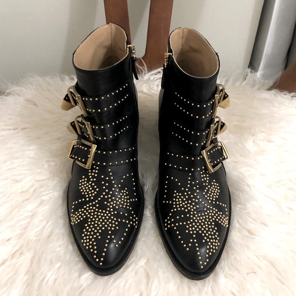 💥 CHLOE Susanna Bootie Black Leather Gold Studs Sz 36.5 - Picture 2 of 12
